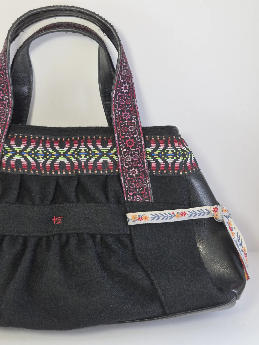 Vintage Embroidered Black Tote Bag with Pink Accent Straps